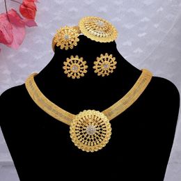 Necklace Earrings Set Dubai Gold Colour 24k For Women African Bridal Wedding Jewellery Ring Bangles Zircon