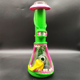 35CM 14 Inch Handy Bong Glass Bong Water Pipe 3D Green Mushroom Monster 9MM Thickness Red Smurf Glass Bongs Thick Beaker Smoking Bubbler Dab Rig