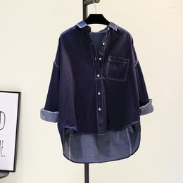 Women's Blouses Dark Denim Blue Shirts Women Casual Mid-length Shirt 2023 Spring Autumn Trendy Blouse Korean Fashion Loose Single-pocket