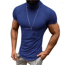Men's T Shirts 2023 Summer Striped Men T-Shirts Fashion Short Sleeve Tops High Neck Slim Fit Tee