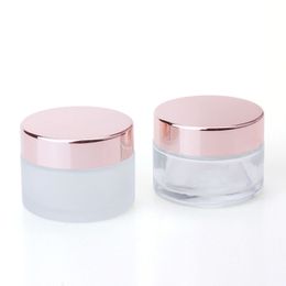 100pcs Frosted Glass Cream Jar Clear Cosmetic Bottle Lotion Lip Balm Container With Rose Gold Lid 5G 10G 20G 30G 50G 100G Packing Bottles Wholesale