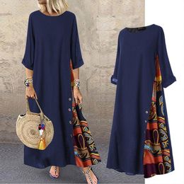 Casual Dresses Women Vintage Maxi Dress Summer Solid O Neck Stitching Printed 34 Sleeve Side Buttons Dresses Loose Casual Long Dress Plus Size 230317