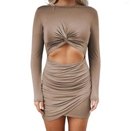 Casual Dresses 2023 Trendy Knot Front Hollow Out Sheath Dress Women Long Sleeve O Neck Solid Bodycon Mini Spring Autumn Sexy