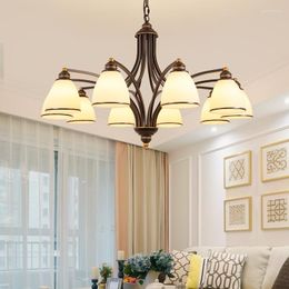 Chandeliers American Retro Country Chandelier Living Room Dining Kitchen Bedroom LED Indoor E26/E27 Glass Lampshade Ceiling