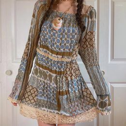 Casual Dresses 90s Vintage Fairy Grunge Mini Dress Folds Lace Trim Long Sleeve Off Shoulder Autumn Y2K Women Kawaii Harajuku Clothes