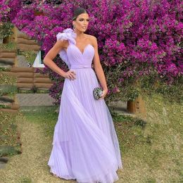 Light Purple Women Evening Dress 2023 Sexy One Shoulder Ruffles Flowers A-line Tulle Prom Formal Gowns Abendkleider Dubai Robe De Soiree