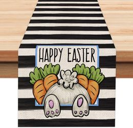 Easter Linen Table Runner Rabbit Carrot Printed Stripe Table Flag Party Home Table Decoration Tea Table Cloth