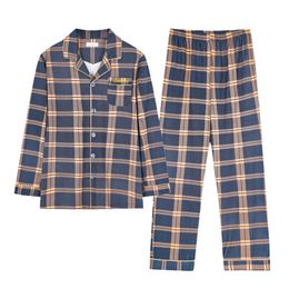 Men's Sleepwear Cotton Pyjamas Mens Long Sleeved Cotton Thin Plaid Casual Wearable Housewear Suit 230320