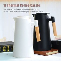 Water Bottles 1000ml Thermal Coffee Carafe Insulation Kettle with Wood Handle Double Walled Vacuum Cold Thermos Pot Teapot Water Bottle 230320