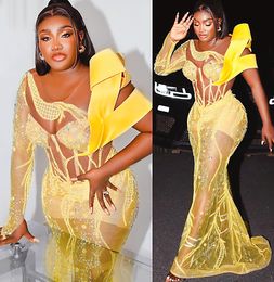 2023 Arabic Aso Ebi Yellow Mermaid Prom Dresses Beaded Crystals Sexy Evening Formal Party Second Reception Birthday Engagement Gowns Dress ZJ3043
