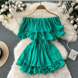 Women's Blouses Women Summer Chic Sweet Slim Ruffled Slash Neck Sexy Off Shoulder Chiffon Blouse Solid Color Shirts Tops Blusas Mujer G434