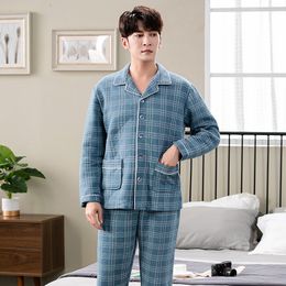 Men's Sleepwear Winter Keep Warm Thin Quilted Pyjama Sets for Men Long Sleeve Air Cotton Interlayer Sleepwear Loungewear Homewear Home Clothes 230320