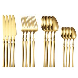 Dinnerware Sets 16pcs Gold Cutlery Set Forks Knives Spoons Dishwasher Safe Stainless Steel Western Tableware Silverware Wedding Gift 230320