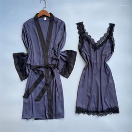 Women's Sleepwear Female Wedding Robe Loose Silk Suspender Satin Kimono Bathrobe Nightdress Set Sexy Lace Nightgown Backless Home Wear