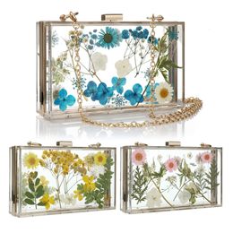 Evening Bags INS Acrylic Box Clutch With Chain Floral Crossbody Women Party Transparent Flower 230317