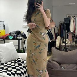 Ethnic Clothing Chinese Traditional Cheongsam Dark Yellow Vintage Short Sleeve Dress Slit Slim Female Women Mid Long Qipao S To 2XL 2023