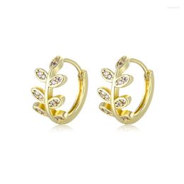 Hoop Earrings Delicate Gold Color Leaf Crystal For Women Simple Olive Branch CZ Sweet Cute Femme Girls Jewelry