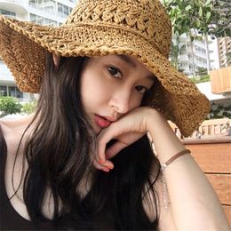 Wide Brim Hats Manual Weave Crochet Hook Straw Boater Hat Woman Summer Hollow Out Foldable Will Seaside Sandy Beach On Vacation Sun