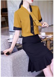 Women's Blouses Fashion Summer Women & Shirts Yellow Short Sleeve Ladies 2 Piece Skirt And Top Sets Female Work Clothes