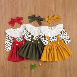 Clothing Sets Girl's 0-3T Three Piece Set Infant's Leopard Printed Lace Crew Romper Strap Skirt Bow Tie For Toddlers