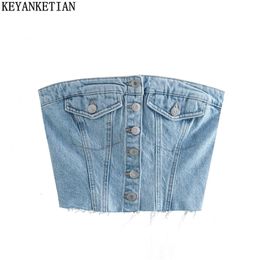 Women's Tanks Camis KEYANKETIAN Women Sexy Strapless Single Breasted Denim Tube Corset Summer Ladies Back Pleats High Waist Wrap Chest Crop Vest Top 230317