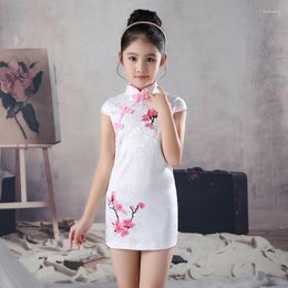 Ethnic Clothing Girls Embroidered Flower Cheongsam Summer Clothes Older Children Qipao Delicate Performance Dress White Chinese Style