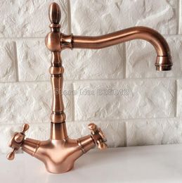 Bathroom Sink Faucets Antique Red Copper Swivel Spout Kitchen Faucet And Wash Basin Dual Handle Mixer Tap Deck Mounted Wrg054