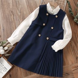 Girl s Dresses School Uniform Preppy Girls Clothes for Teenagers Baby Elegant Dress Shirt 2Pcs Spring Autumn Children Costumes 8 10 12 13 Years 230317