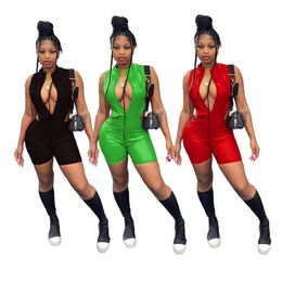 Großhandel Designer Mode PU Aushöhlen Strampler Sexy Tiefem V Zipper Overall Sommer Playsuits Frauen Overalls Lässige Bodys 9508