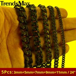 Chains 3/5/7/9/11mm 24" Men's Necklace 5Pcs/Lot Stainless Steel Cuban Link Chain Black Colour For Men Wholesale Jewellery KNM09AChains