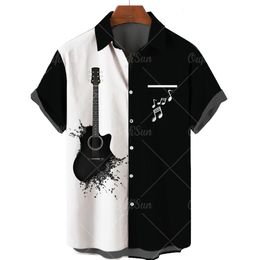 Men's Casual Shirts Hawaiian Men's Shirt 3D Harajuku Guitar Jazz Print Tops V-Neck Casual Blouses Fashion Tees Button Up Short Sleeve Pop Shirt Male 230317