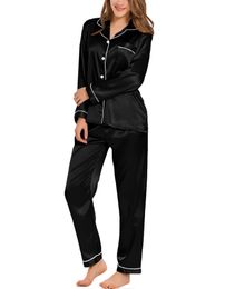 Women's Sleepwear Womens Silk Satin Pyjamas Loungewear Two-piece Sleepwear Button-Down Full Sleeve Long Pj Set 230317