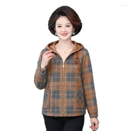 Women's Jackets 2023 Women Plaid Jacket Short Hooded Loose Casual Zipper Top Middle-Aged Mother Spring Autumn Coat Outerwear Female 5XL