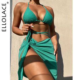 Bikinis set Ellolace Glitter Swimwear With Cover Up Beach Brazilian Wrap Around Micro Bikini 3-Piece Luxury Padded Low Waist Swimming Sets P230316