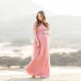 Sukienki ciążowe ciąża Pogografia Props Kurz Pink długi szyfonowy eleganckie ubrania w ciąży koronkowe 230320