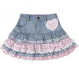 Skirts Preppy Style Lolita Kawaii Skirts Japanese Sweet Mini Women Harajuku Cute Ball Gown Denim Skater Y2K High Waist Lace Cake Skirts 230317
