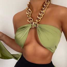 Women's Tanks Camis Mozision Chic Fashion Metal Chain Satin Halter Crop Tops For Women Sleeveless Backless Wrap Chest Cropped Top Basic Summer 230317
