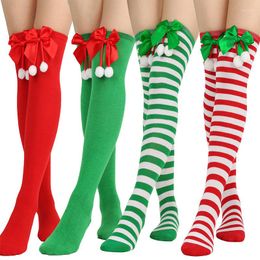 Women Socks Christmas Striped Stockings Over The Knee Long Red Green Stocking Bowknot Girls High