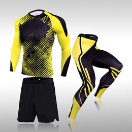 Outdoor T-Shirts 3 Pcs Set Men's Workout Sports Suit Gym Fitness Compression Clothes Running Jogging Sport Wear Exercise Rashguard Men 230317