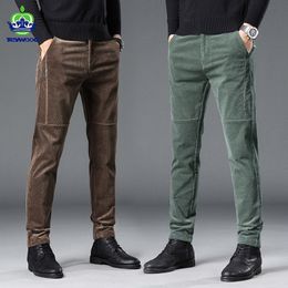 Men's Pants Brand Men's Corduroy Casual Pants Business Fashion Cotton Solid Colour Elastic Regular Slim Fit Trousers Male Grey Coffee Green 230320