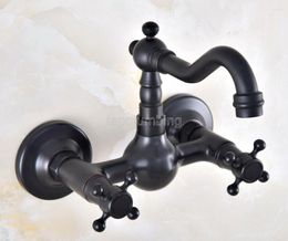 Bathroom Sink Faucets Black Oil Rubbed Brass Wall Mounted Basin Faucet Swivel Spout Vessel Mixer Taps Dual Handle Tnf853