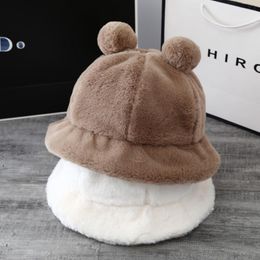 Berets Women Winter Fluffy Plush Warm Bucket Hat With Cute Pompom Bear Ears Solid Color Leopard Short Brim Cloche Fisherman Cap M19 21Berets