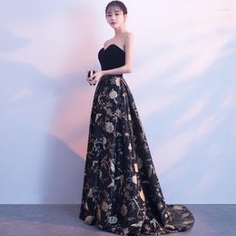 Ethnic Clothing Formal Dresses Evening Gown Sexy Strapless Lace Up Gold Thread Embroidery Dress