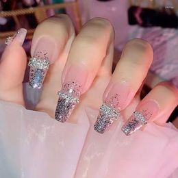 False Nails 24pcs/Set Removable Fake Rhinestone Decal Silver Glitter With Glue Wedding Bride Ballerina Nail Art Full Tips