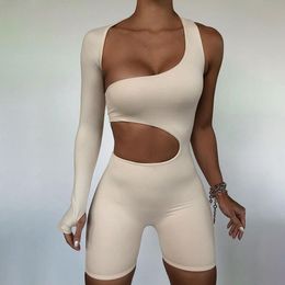 Women's Jumpsuits Rompers Summer Autumn Women Sexy Fitness Jumpsuit One Shoulder Skinny Bodycon Solid Sport Romper Playsuit 230317