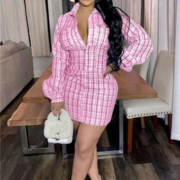 Casual Dresses Women Plaid Print Sexy Puff Long Sleeve Bodycon Dress Sweet Pink Blue Wrap Shirt Mini Spring Ladies 2023 Short DressesCasual