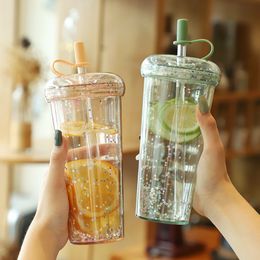 Water Bottles 520ML Glitter Water Bottle Double Layer Tumbler with straw Water Bottles For Girls Bubble Tea Cup Drinkware Leakproof Cups 230320