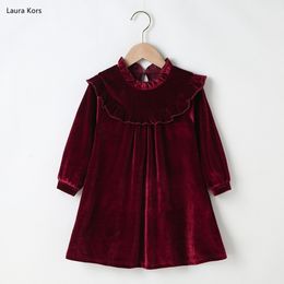 Girl's Dresses Autumn Winter Girls Dress Long Sleeve Velvet Ruffles Collar Wine Red Solid Cute Sweet Baby Vestidos 2-6T 230320