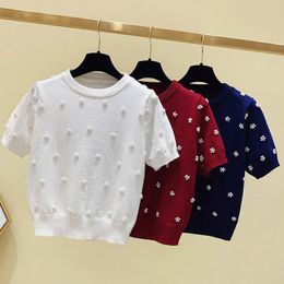 Women's T-Shirt GGRIGHT Summer Fashion Harajuku Pearls Beading T Shirt Women Knitted Tops Short Sleeve O-Neck Tshirts ice silk sweater 230320