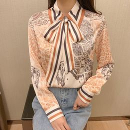 Women's Polos Satin Shirts Women Long Sleeve Ribbon Bow Tie Horse Print Autumn Female Chiffon Blouse Office Ladies Buttons Tops 2023